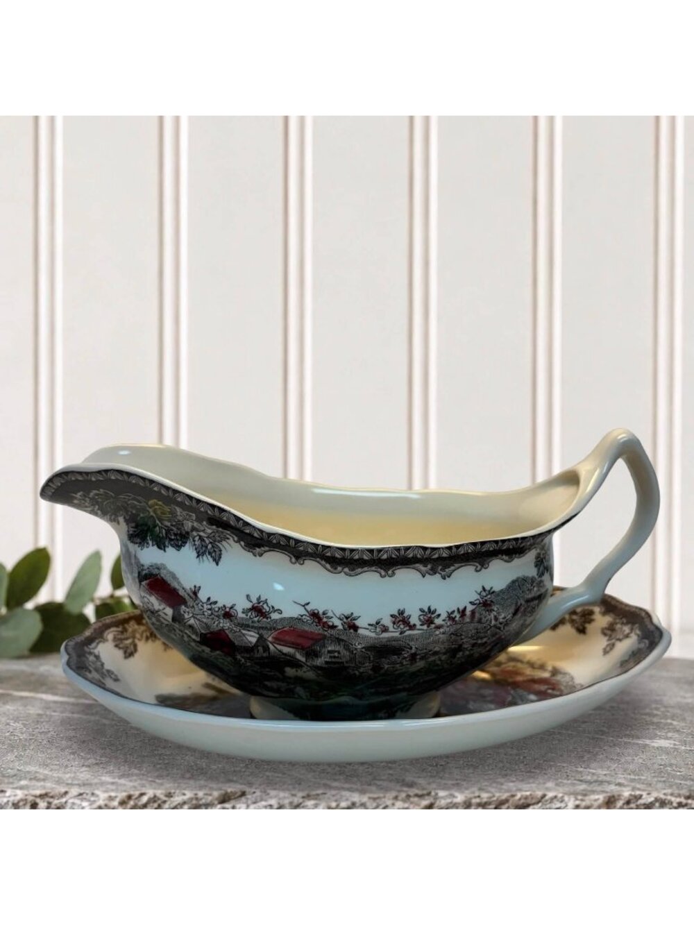 Johnson Bros The Friendly Village Gravy Boat W/ Underplate Made In England Vinta